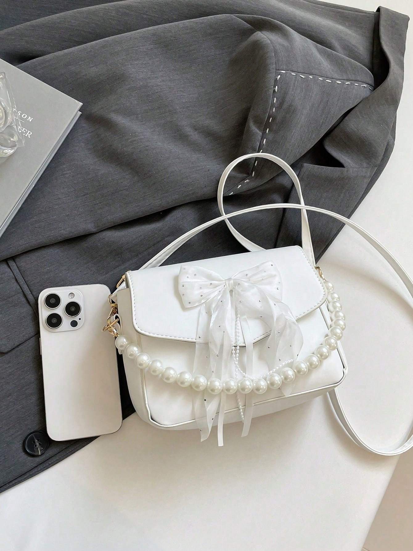 Sac à main en dentelle avec nœud en perles - Sac à bandoulière pour femmes