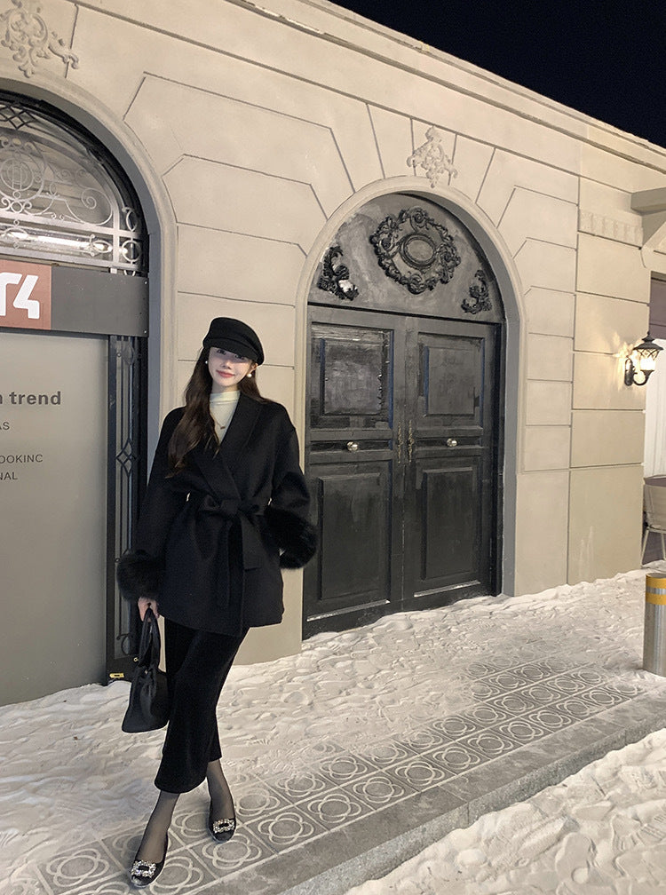 Manteau Élégant en Cachemire à Fourrure Rétro Détachable