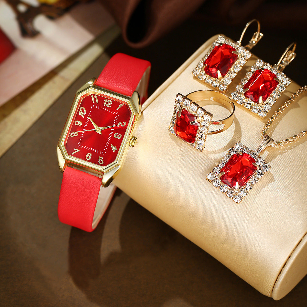 Montre Femme Cuir Carrée Quartz avec Ensemble de Collier, Boucles d'Oreilles et Bague