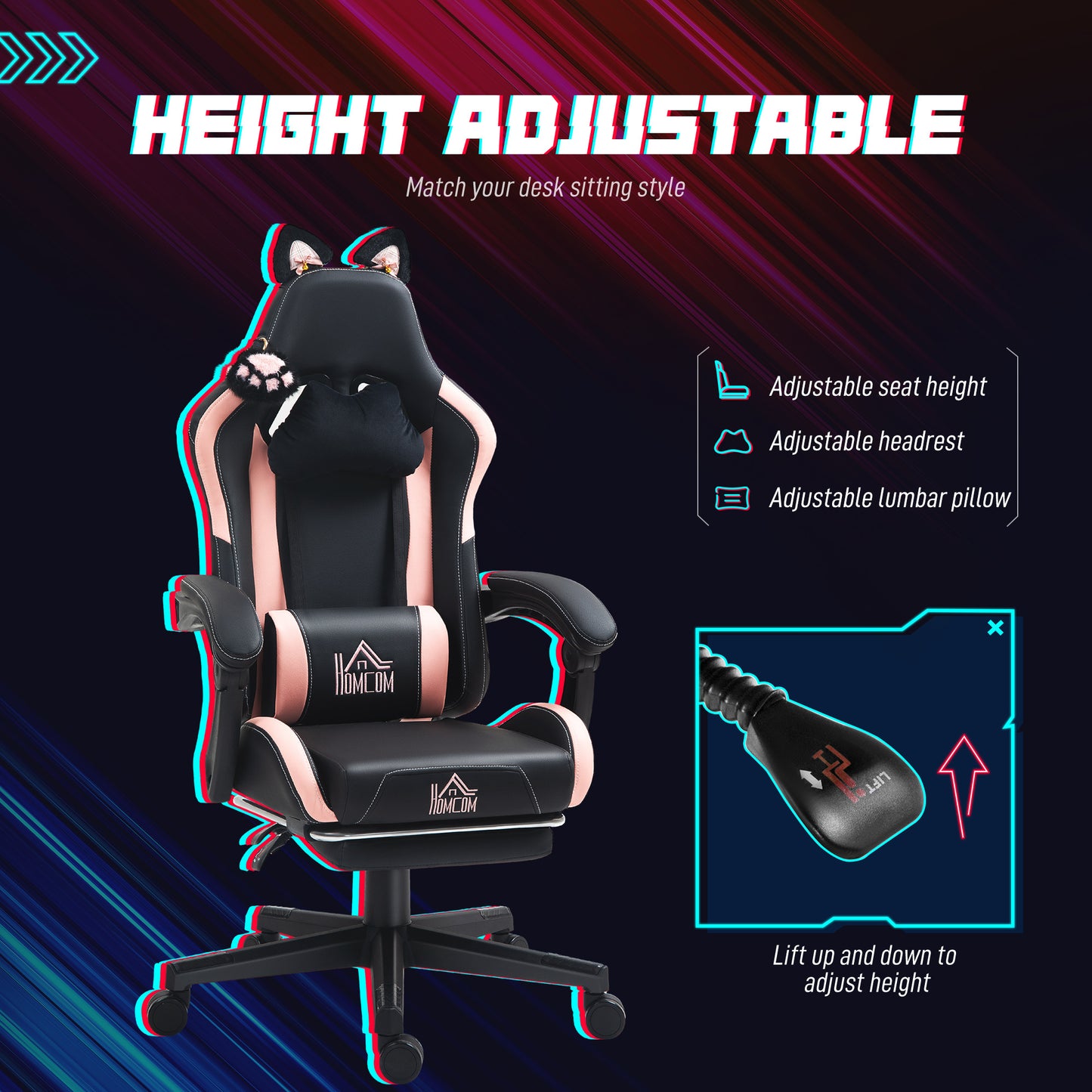 Chaise de Gaming Mignonne avec Oreilles de Chat, Fauteuil en Similicuir avec Repose-Pieds, Têtière et Support Lombaire, Noir