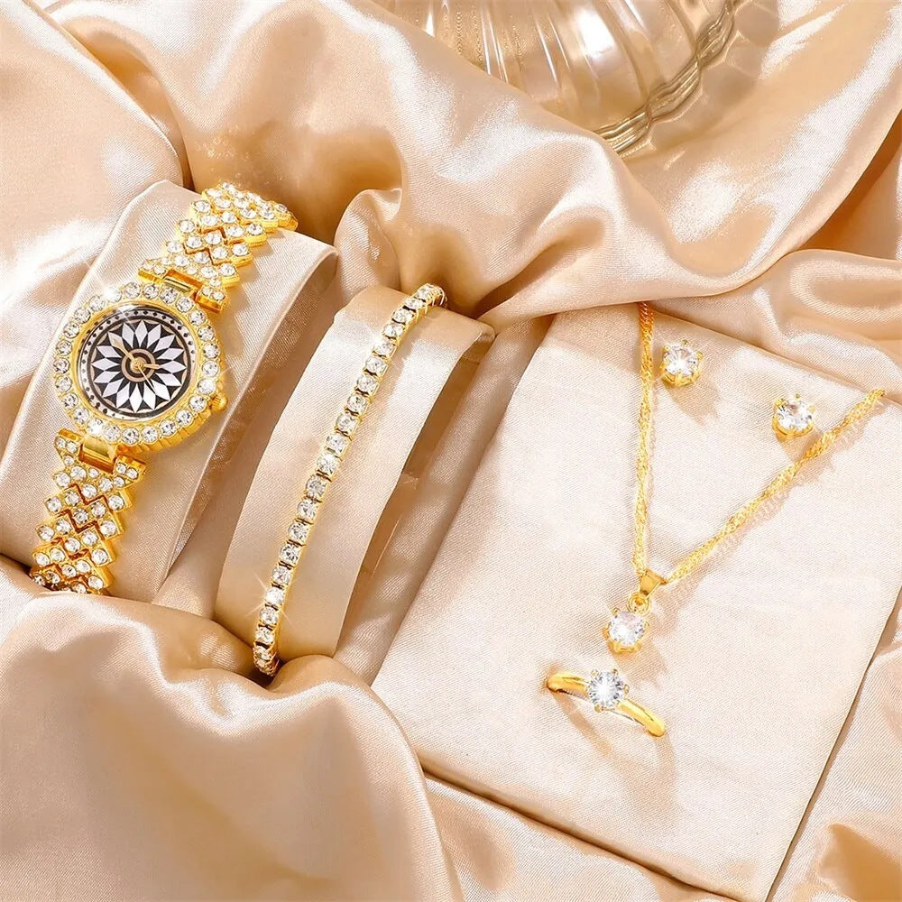 Montre de Mode avec Bijoux Complémentaires : Montre Quartz, Collier, Bracelet, Bague et Boucles d'Oreilles