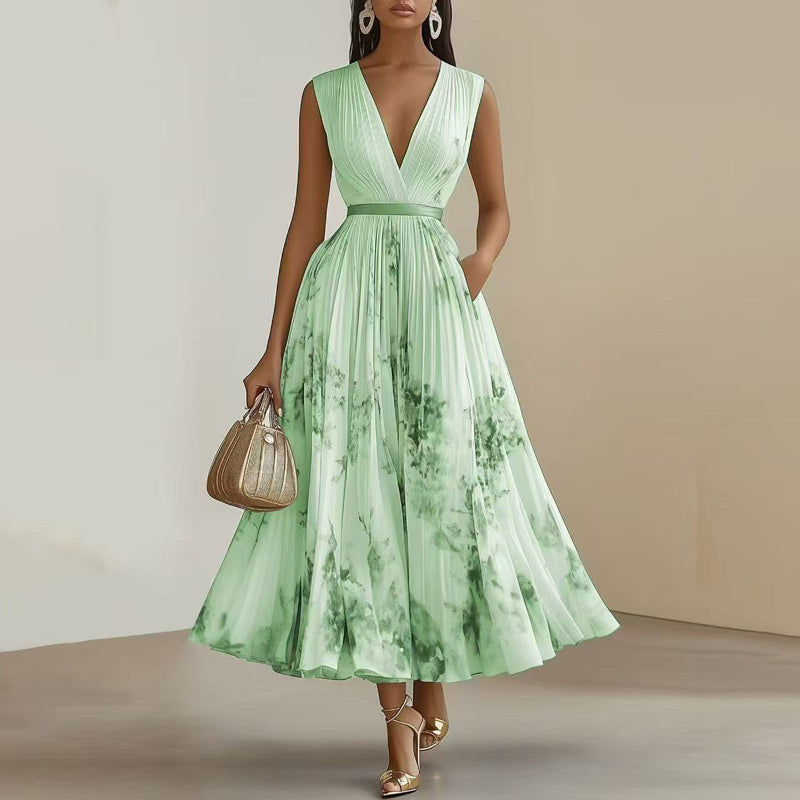 Robe Maxi Femme à Imprimé Floral et Décolleté en V Profond avec Poches - Robe d'Été Flottante