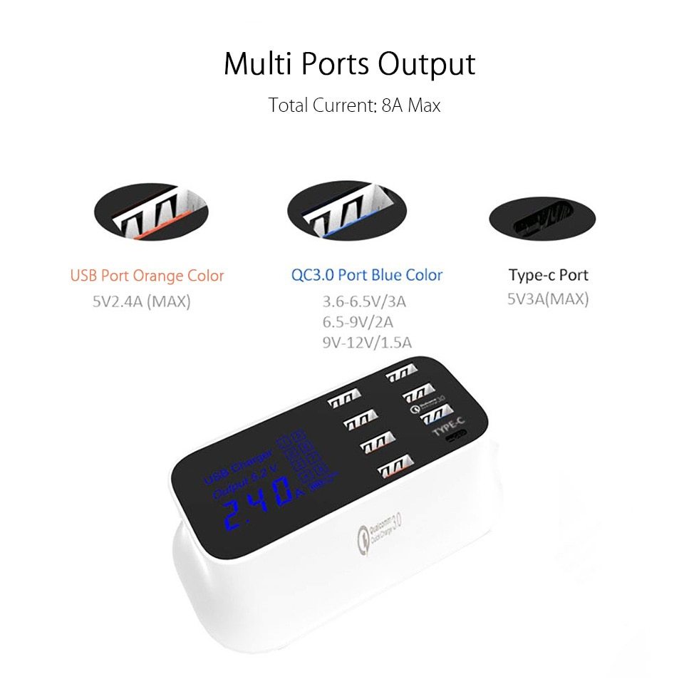 Station de Chargement USB Intelligent Quick Charge 3.0 à 8 Ports