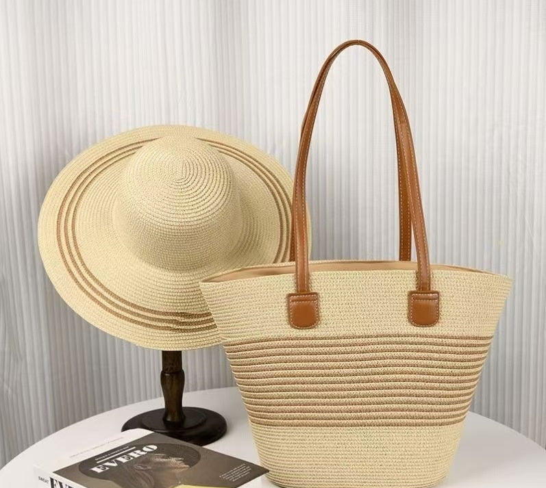Ensemble de Sac et Chapeau en Paille pour Protection Solaire lors de Vacances à la Plage