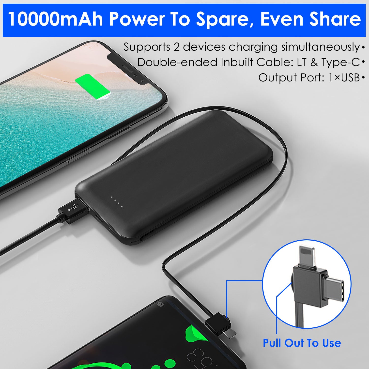 Chargeur Portable 10000mAh avec Câble Type C et LT - Idéal pour iPhone et Android