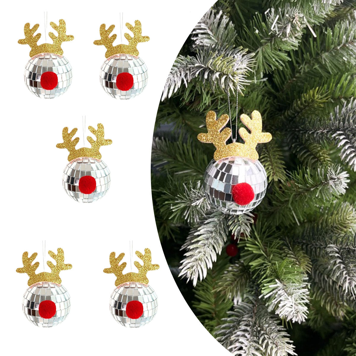 Boules à Facettes en Miroir Argenté pour Noël - 5 Pcs avec Corde