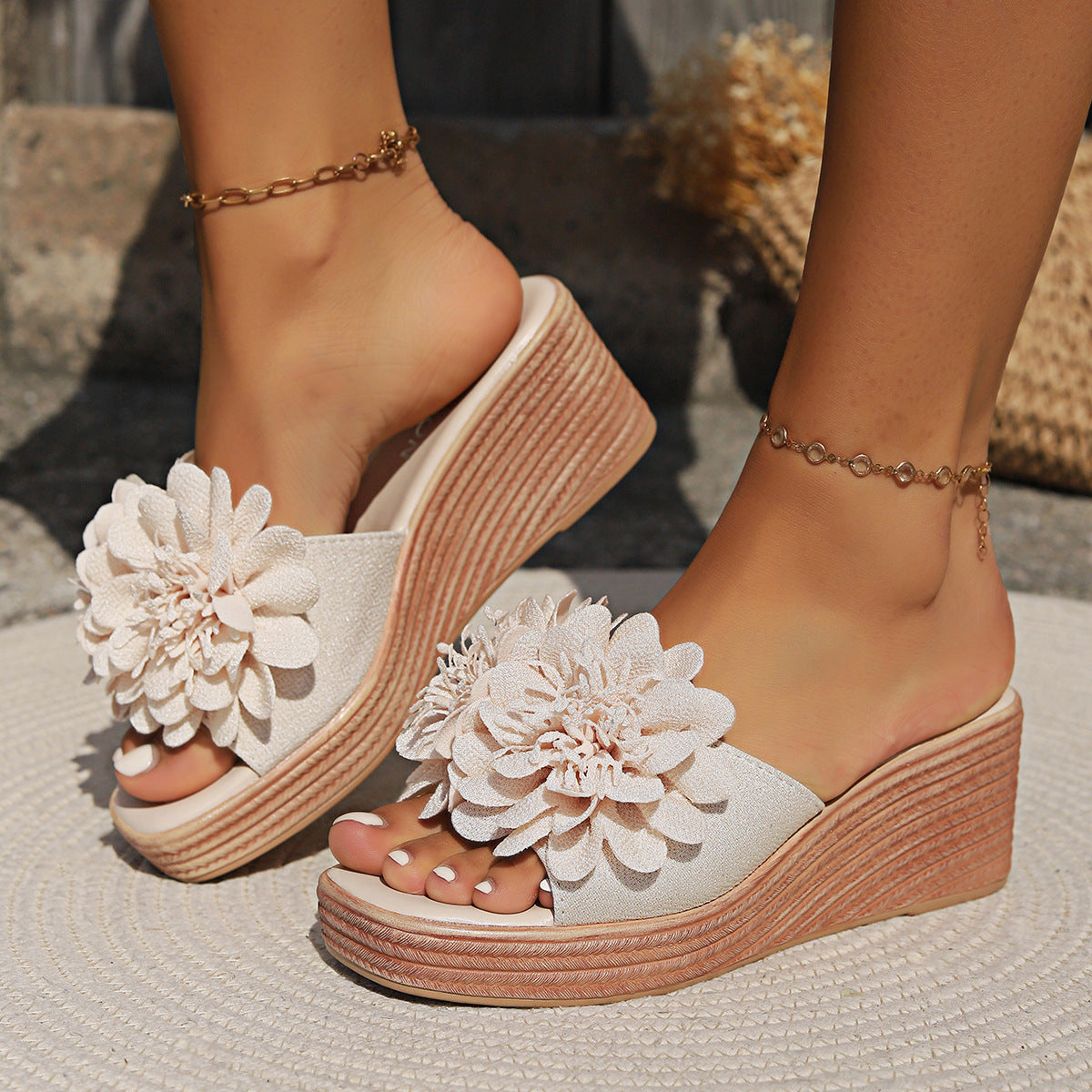 Sandales à Talons en Wedge avec Motif Floral pour Femmes