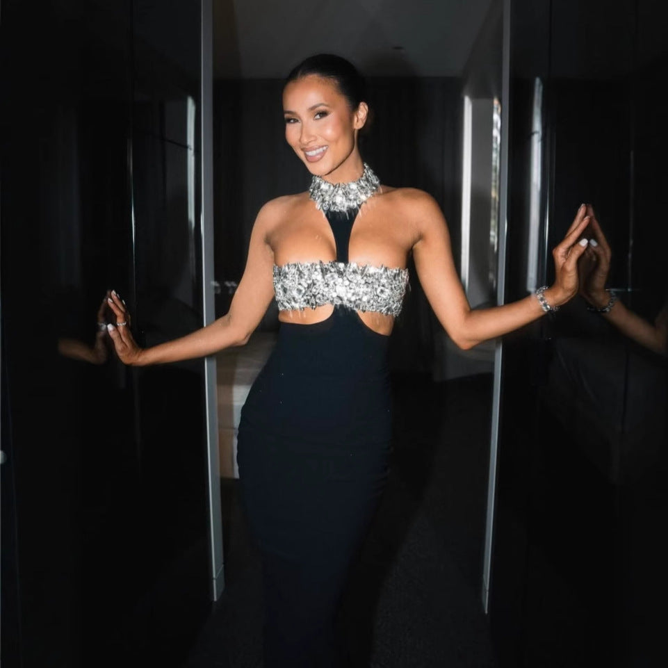 Robe Une-Pièce Sexy en Bandage avec Découpes et Strass