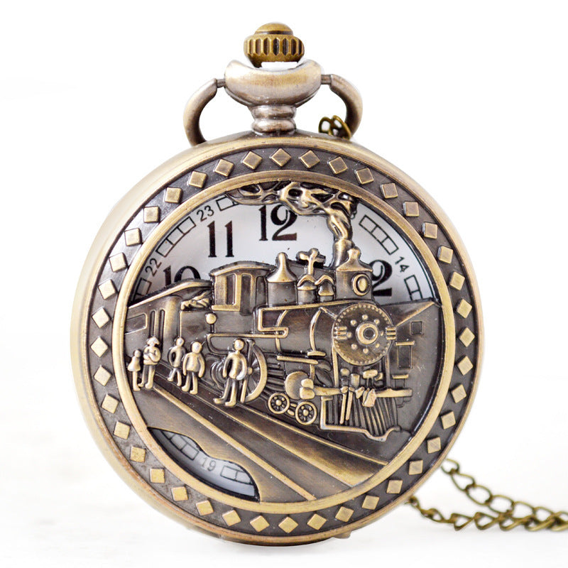 Montre de Poche Quartz Classique Grande Version Tête de Train Creuse