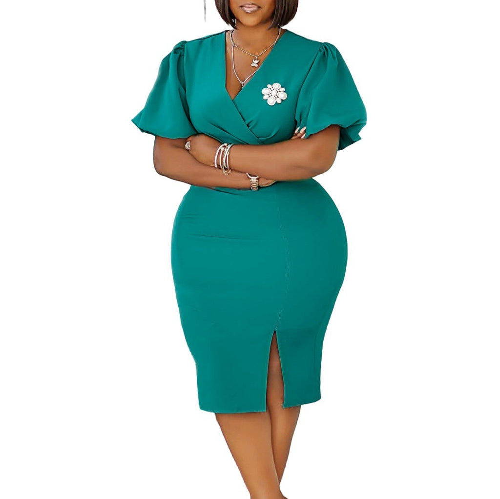 Robe V-neck Hip Ol Split Style Européen et Américain