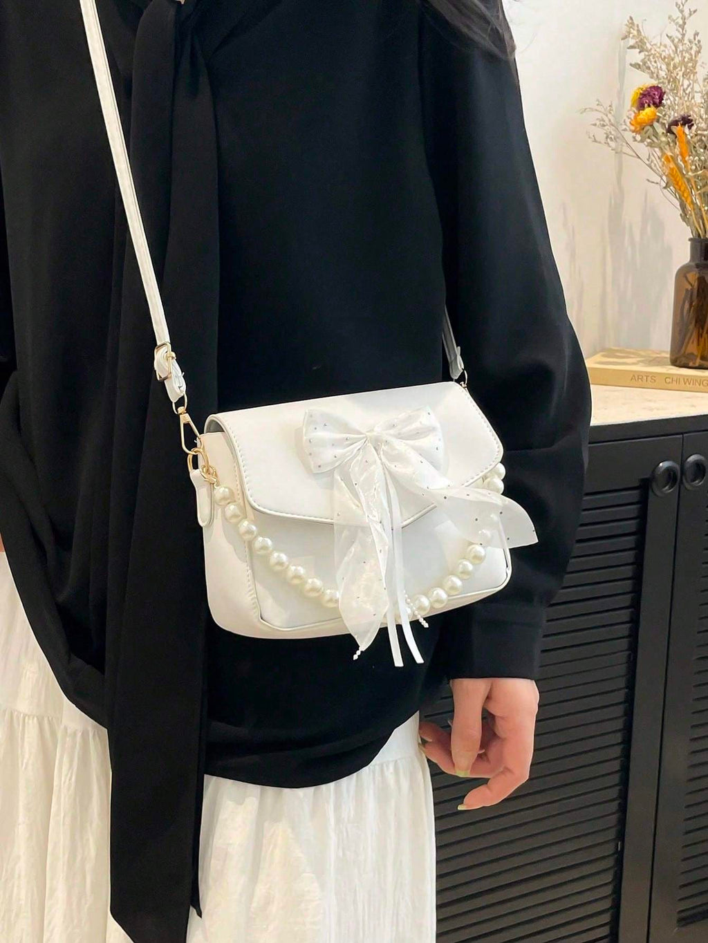 Sac à main en dentelle avec nœud en perles - Sac à bandoulière pour femmes