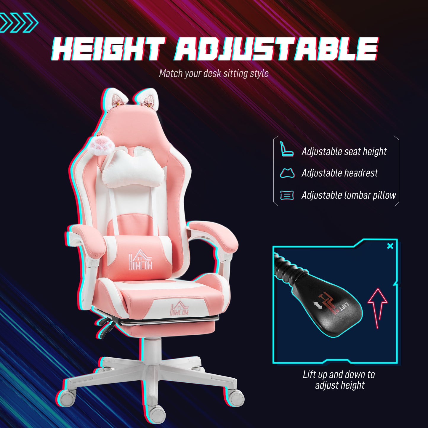 Chaise Gamer Mignonne, Fauteuil de Jeu en Similicuir avec Repose-Pieds, Têtière et Support Lombaire