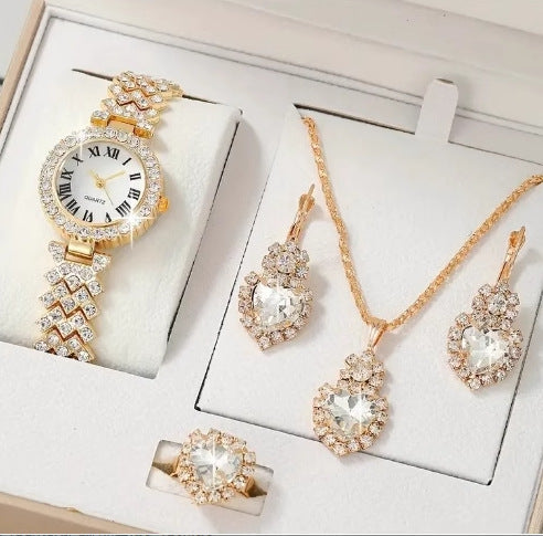 Montre de Mode avec Bijoux Complémentaires : Montre Quartz, Collier, Bracelet, Bague et Boucles d'Oreilles