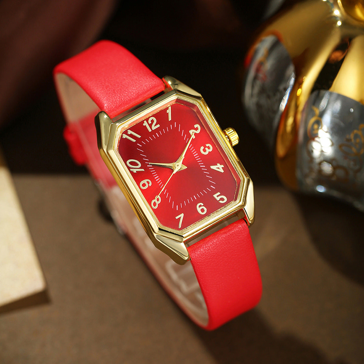 Montre Femme Cuir Carrée Quartz avec Ensemble de Collier, Boucles d'Oreilles et Bague