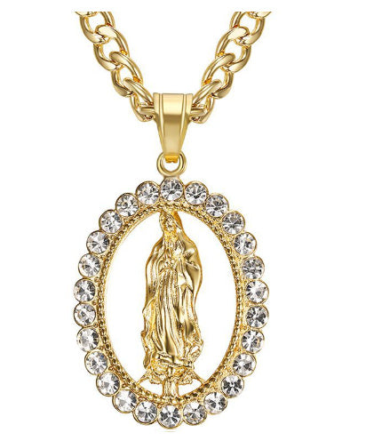 Pendentif Vierge Marie en Acier Inoxydable Doré et Diamanté