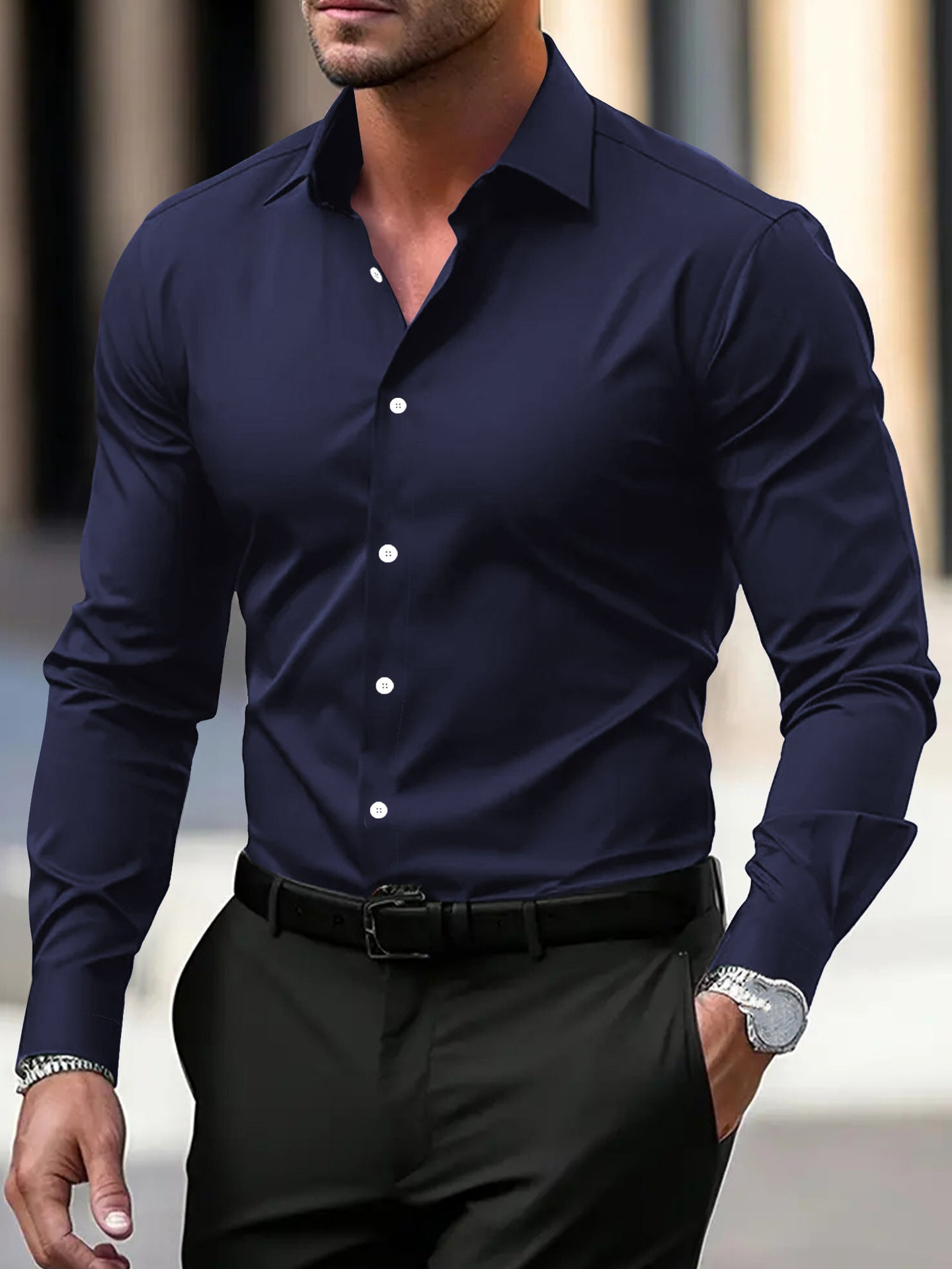 Chemise pour homme à boutons business - Chemise d'été unie à manches longues