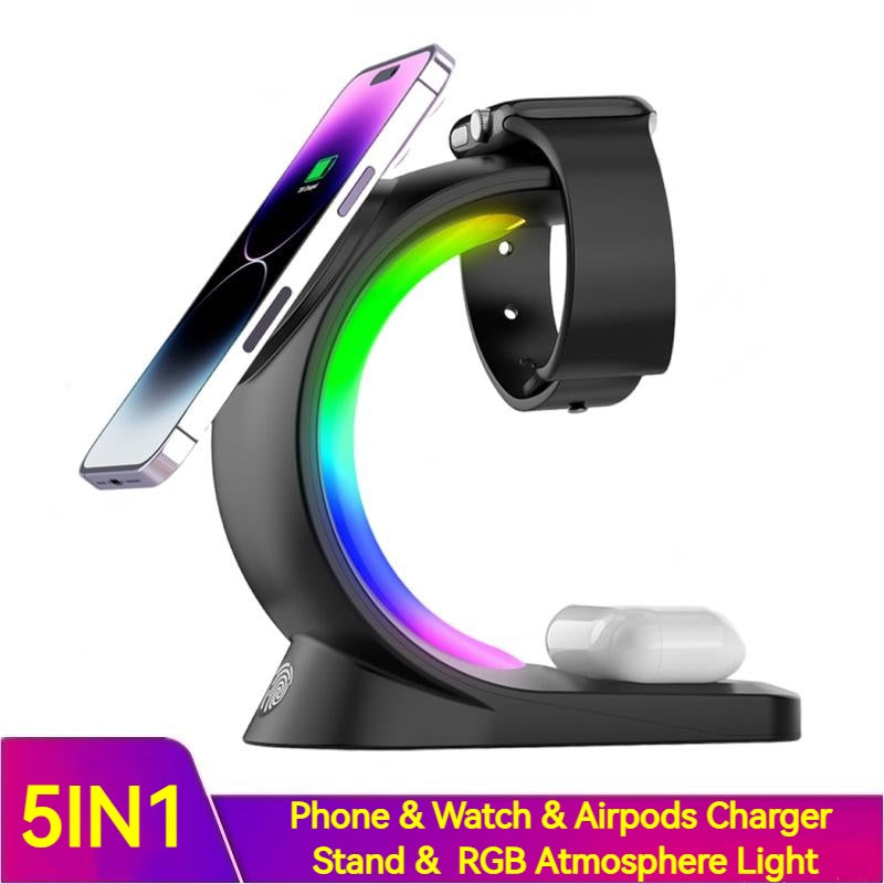 Chargeur Magnétique Sans Fil 4 en 1 avec Éclairage RGB pour Smartphone