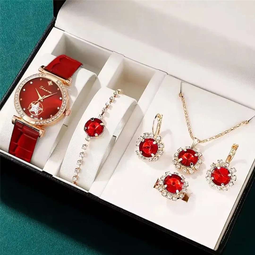 Montre de Mode avec Bijoux Complémentaires : Montre Quartz, Collier, Bracelet, Bague et Boucles d'Oreilles