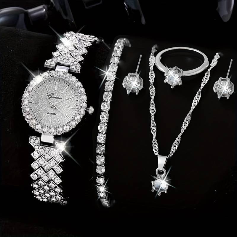 Montre de Mode avec Bijoux Complémentaires : Montre Quartz, Collier, Bracelet, Bague et Boucles d'Oreilles