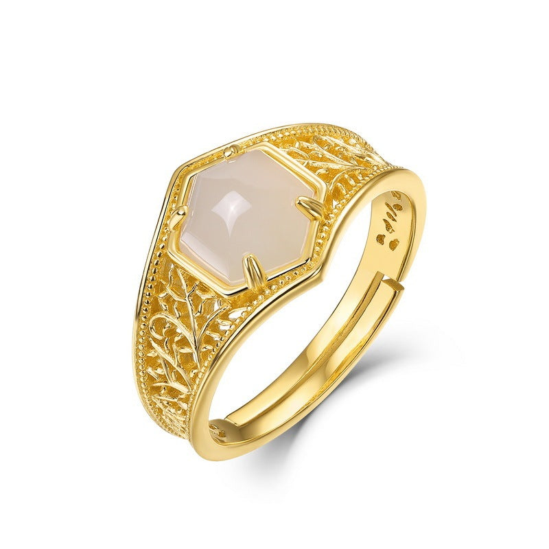 Bague en Jade Hetian Géométrique Hexagonale de Style Rétro
