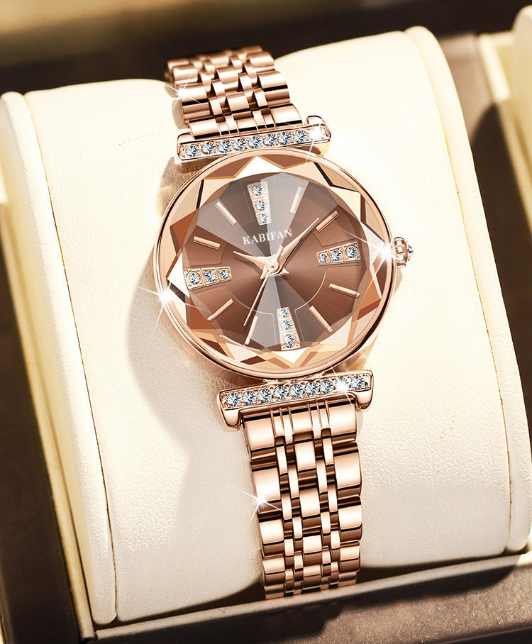 Montre Femme Étanche en Acier avec Miroir et Diamants