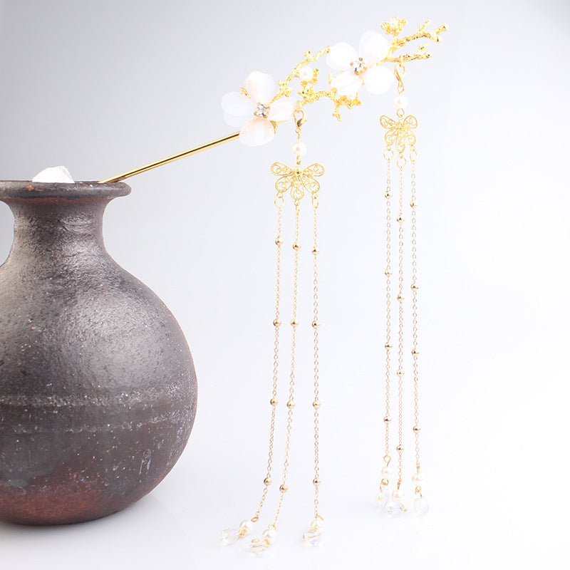 Accessoires de Cheveux Style Ancien Hanfu Branche de Prunier avec Pompon et Fleur Blanche - Allomarc.com