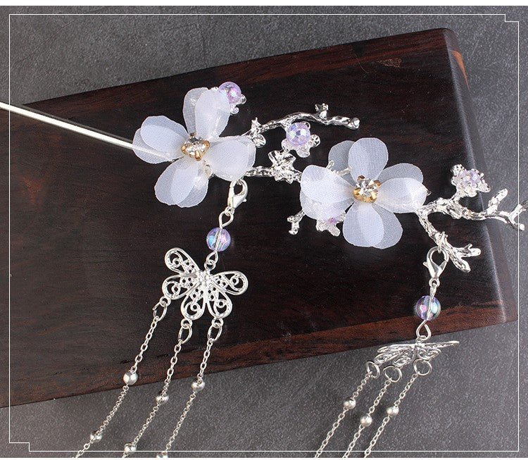 Accessoires de Cheveux Style Ancien Hanfu Branche de Prunier avec Pompon et Fleur Blanche - Allomarc.com
