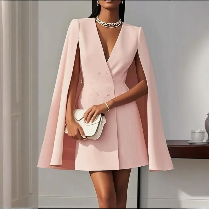 Robe Blazer Cape Élégante Femme en Couleur Unie avec Col V Double Boutonnage pour Printemps & Été