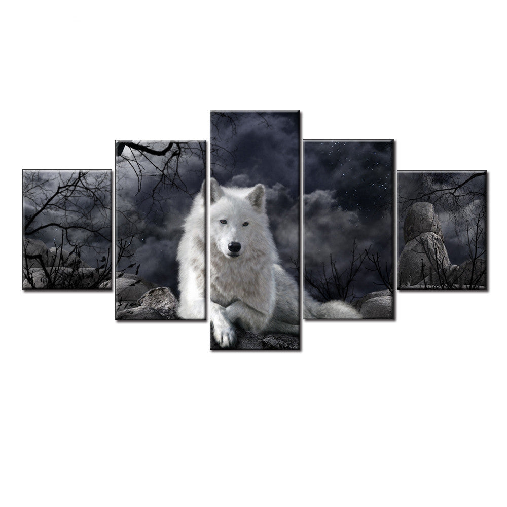 Toile Murale 5 Panneaux Art Animal Loup - Décoration Intérieure