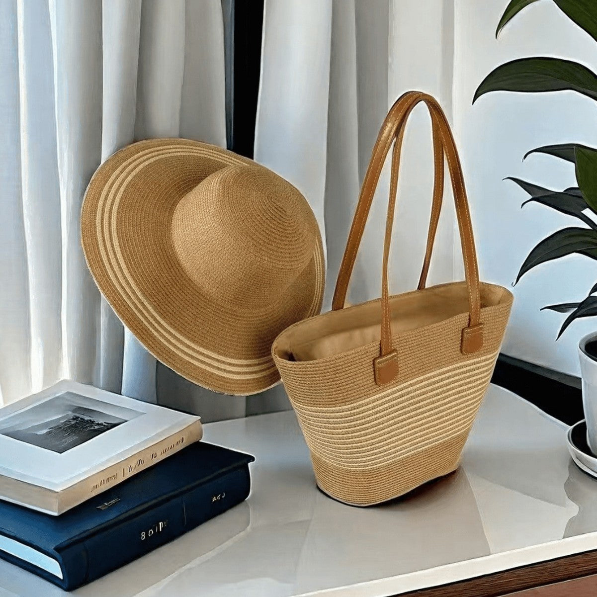 Ensemble de Sac et Chapeau en Paille pour Protection Solaire lors de Vacances à la Plage