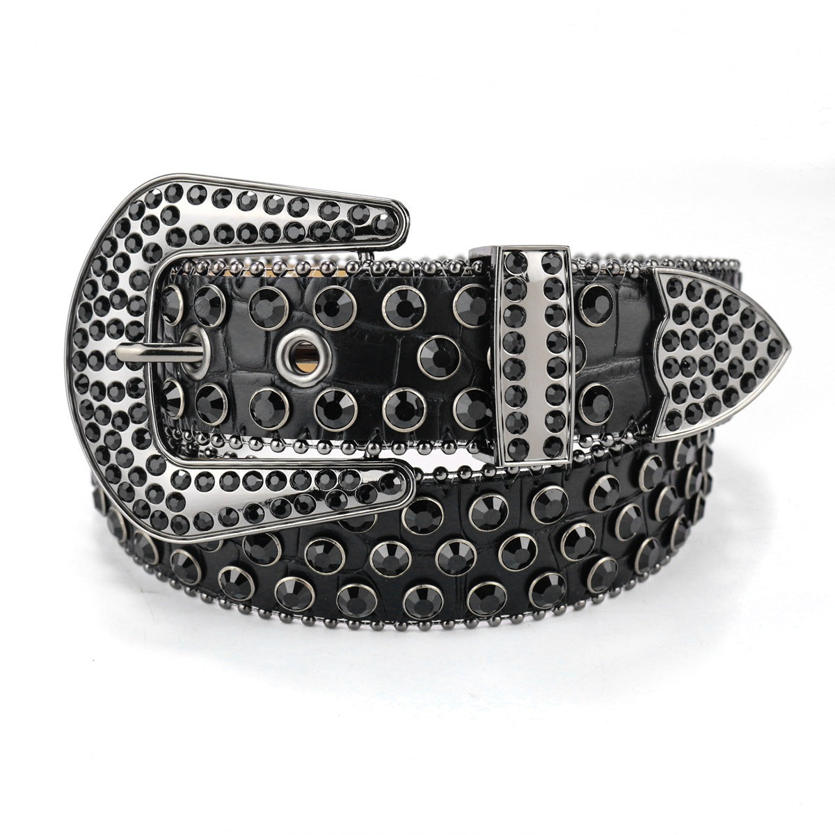 Ceinture Large Punk Hip Hop Incrustée de Strass Noire avec Rivets Décoratifs