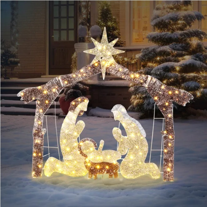 Décoration de Jardin Nativité Jésus avec Lumières LED 190 - 6 pieds en Toit Brun