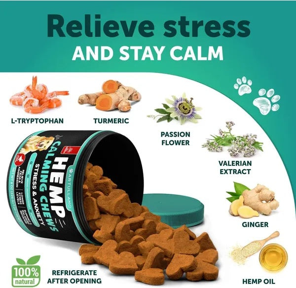 Friandises Calmantes au Chanvre pour Chiens - Soulagement de l'Anxiété avec Huile de Chanvre, Curcuma, Valériane et Gingembre