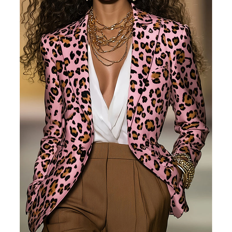 Blazer Femme Rose Léopard à Manches Longues - Veste Élégante pour Bureau et Sorties Casual