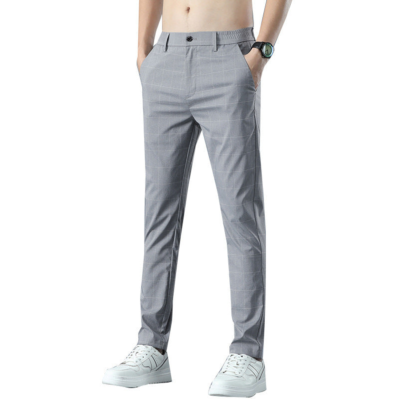Pantalons Slim Fit en Soie Glacée à Carreaux pour Hommes