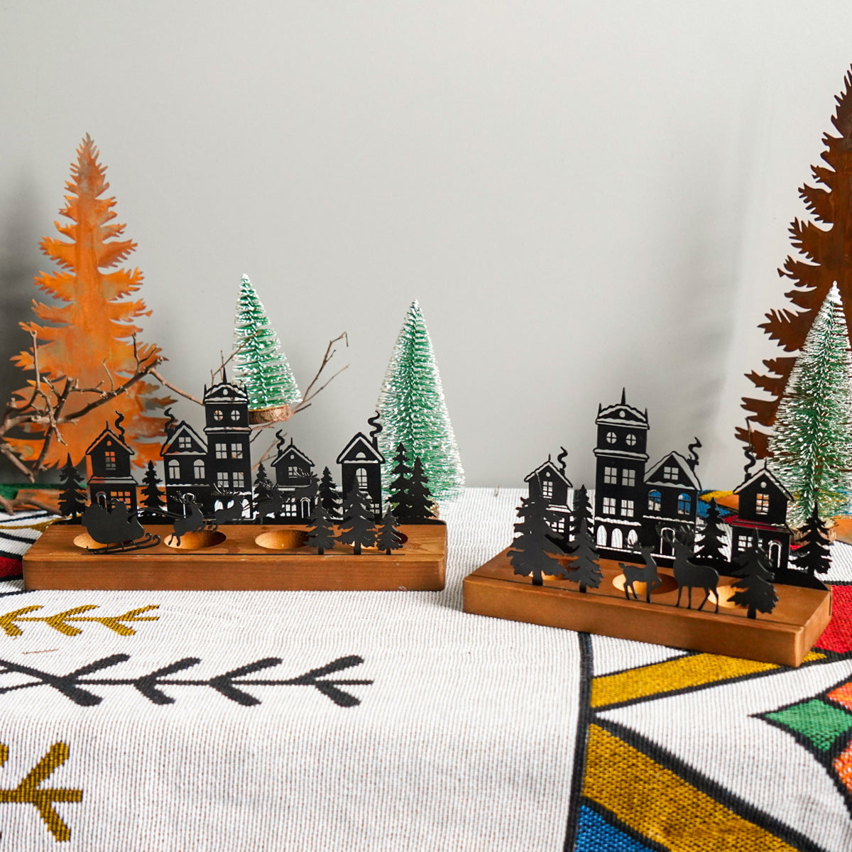 Bougeoir en Fer Forgé pour Arbre de Noël avec Base en Bois