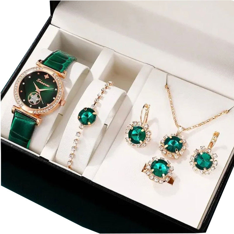 Montre de Mode avec Bijoux Complémentaires : Montre Quartz, Collier, Bracelet, Bague et Boucles d'Oreilles