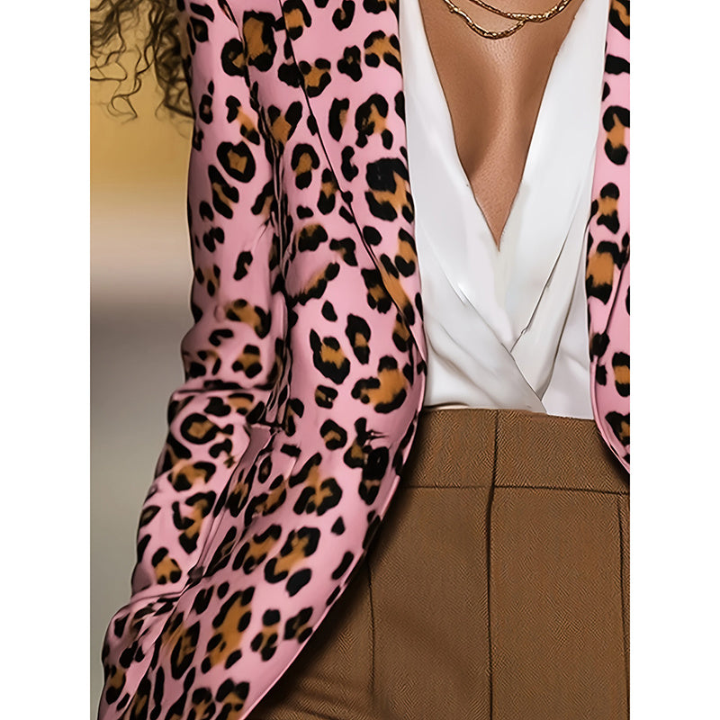 Blazer Femme Rose Léopard à Manches Longues - Veste Élégante pour Bureau et Sorties Casual