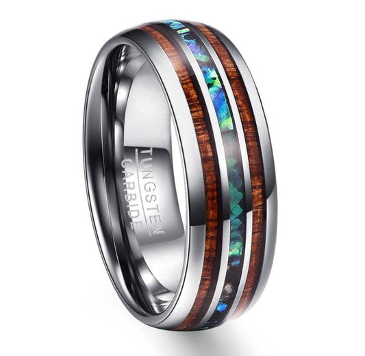Bague en Acacia et Coquillage d'Abalone en Acier Tungstène - Allomarc.com