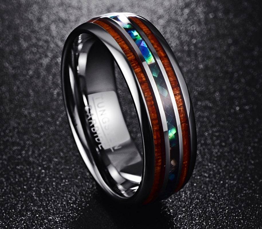 Bague en Acacia et Coquillage d'Abalone en Acier Tungstène - Allomarc.com