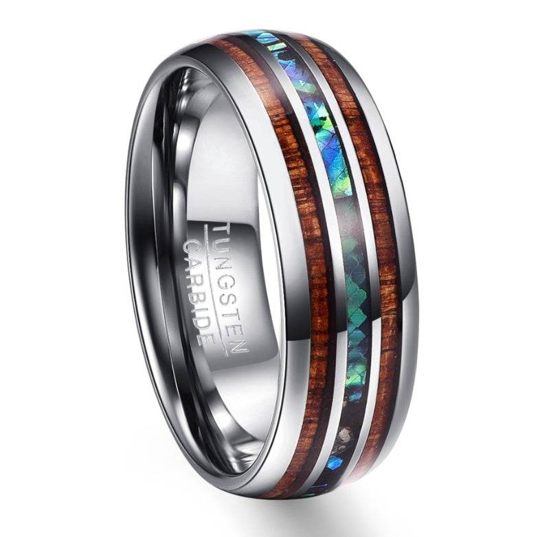 Bague en Acacia et Coquillage d'Abalone en Acier Tungstène - Allomarc.com