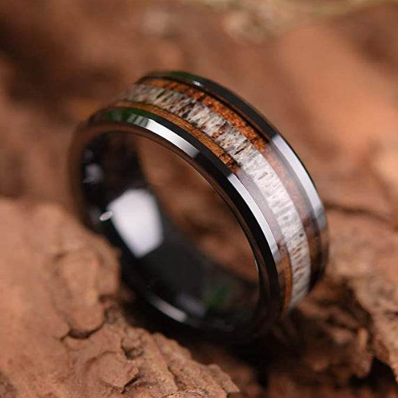 Bague en Acier Titane avec Bois d'Antler et Acacia - Allomarc.com