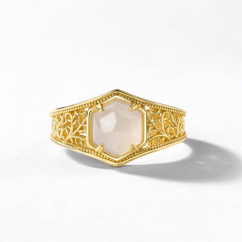 Bague en Jade Hetian Géométrique Hexagonale de Style Rétro - Allomarc.com