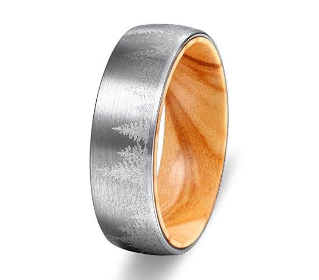 Bague en Tungstène Poli avec Bois de Pin - Allomarc.com