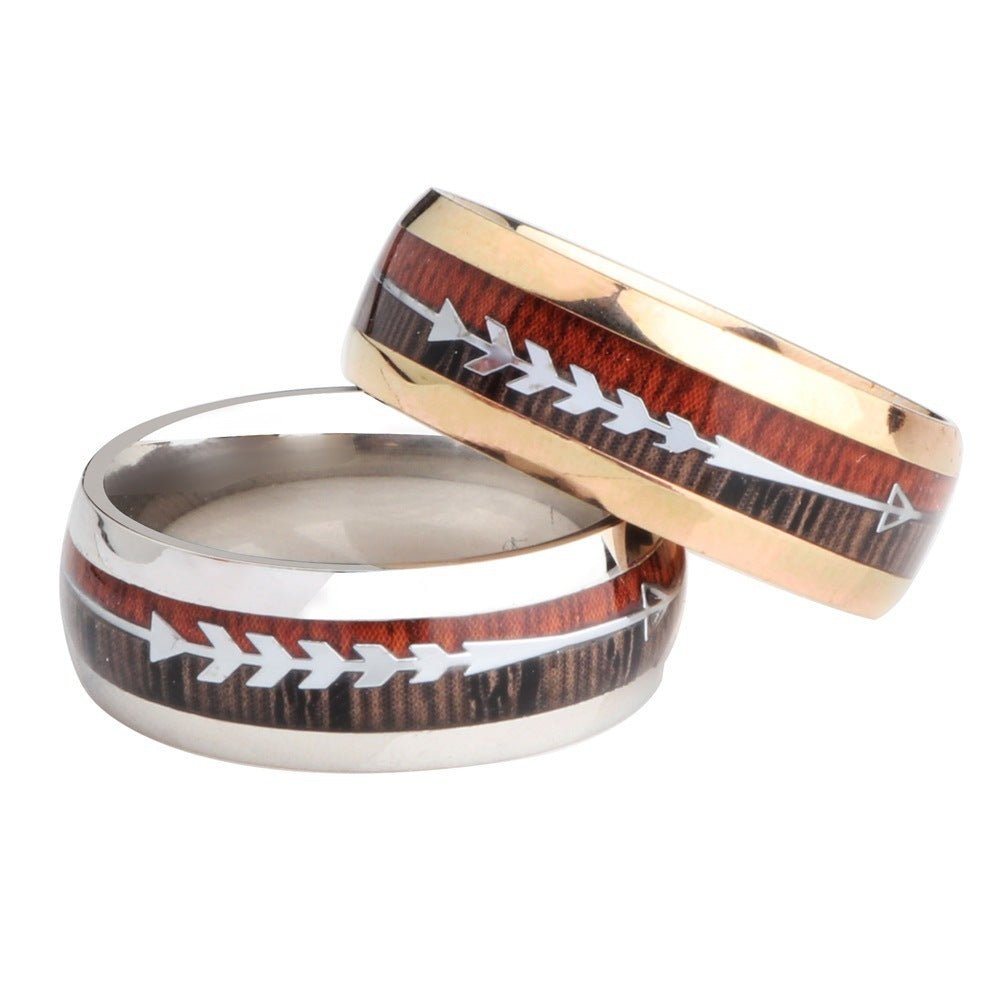 Bague Incrustée en Acier Inoxydable avec Grain de Bois en Forme de Flèche - Allomarc.com