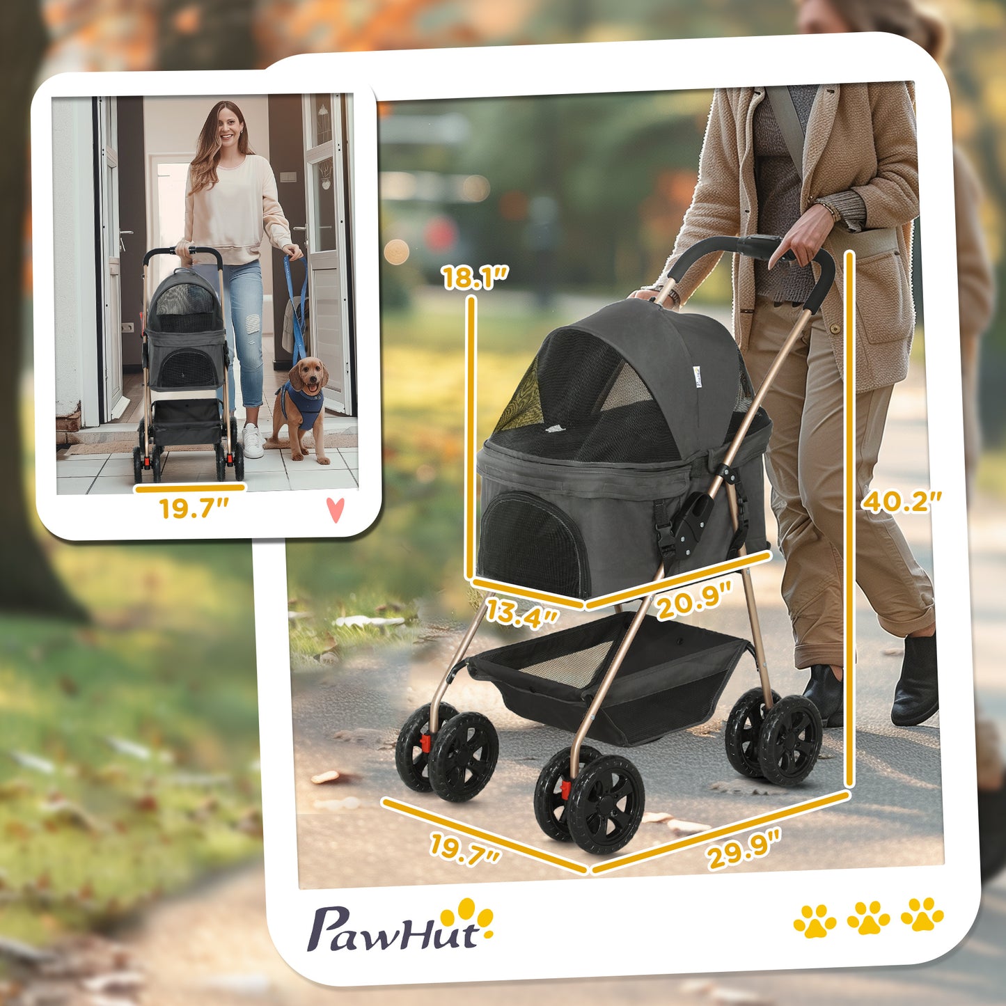 Poussette 3 en 1 pour Animaux avec Transportable Détachable, Poussette Pliable pour Chiens Miniatures, Gris