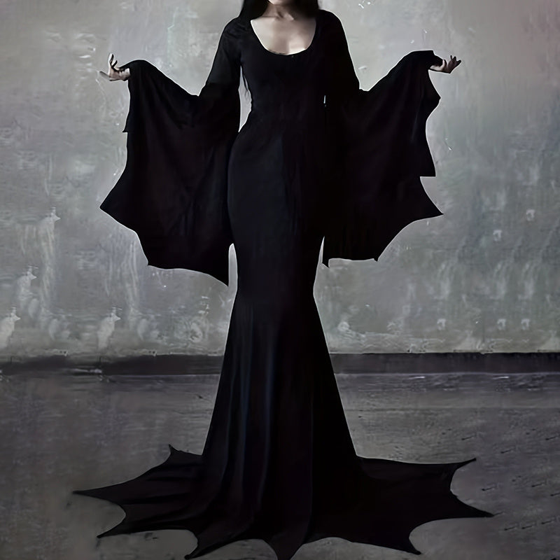 Robe Gothique Noire Femme avec Manches Chauve-Souris pour Halloween