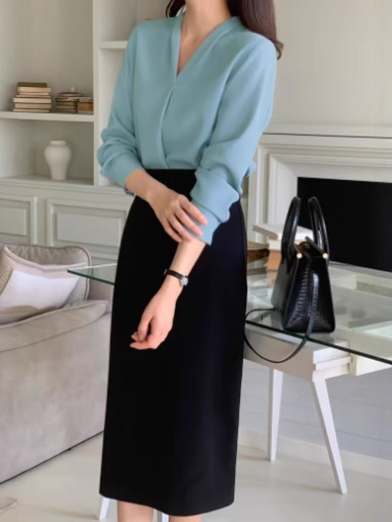 Blouse Chiffon à Manches Longues Style Coréen V - cou pour Femmes - Allomarc.com