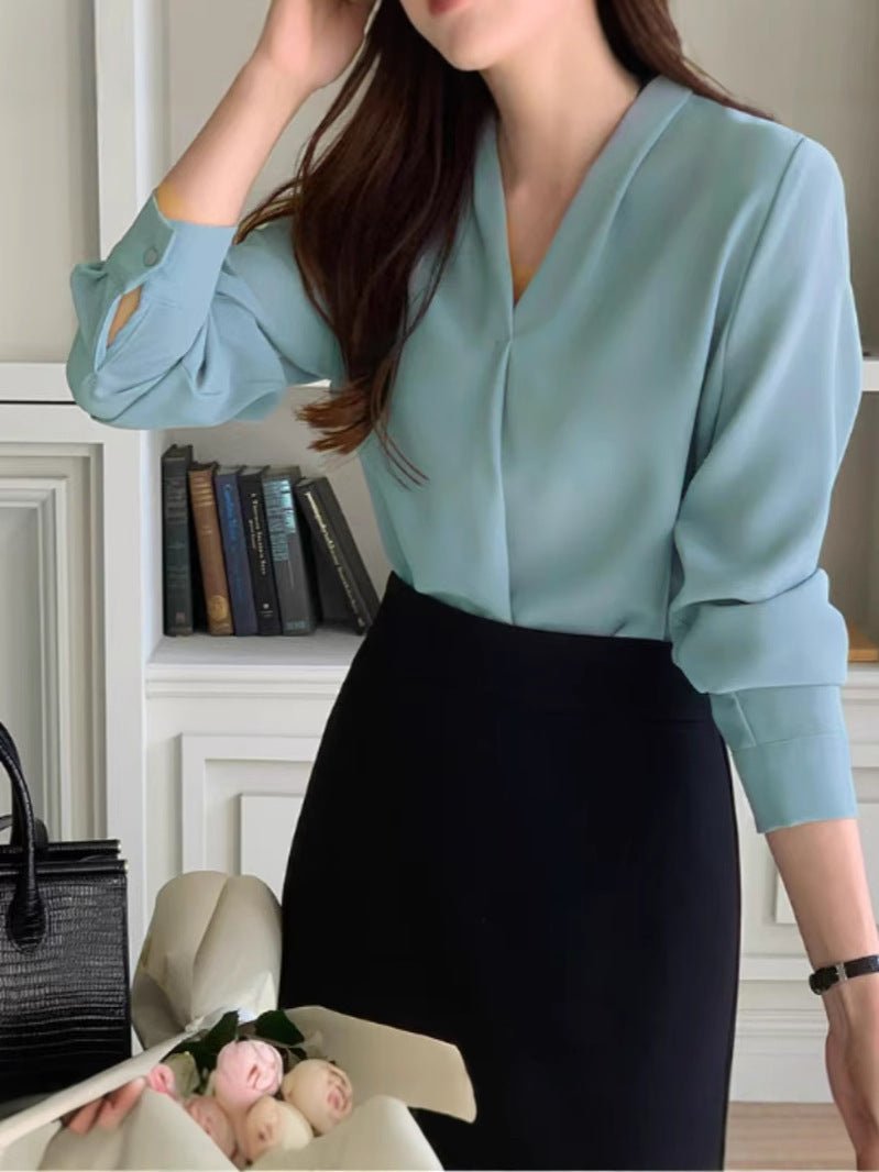 Blouse Chiffon à Manches Longues Style Coréen V - cou pour Femmes - Allomarc.com