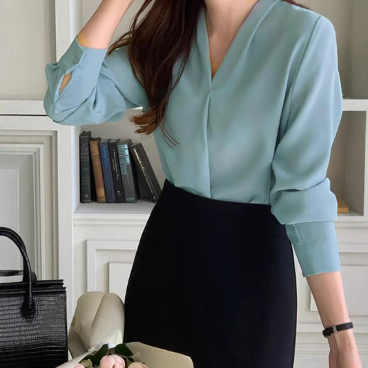 Blouse Chiffon à Manches Longues Style Coréen V - cou pour Femmes - Allomarc.com
